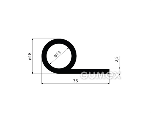 Pryžový profil tvaru "P" s dutinkou, 35x18/2,5mm, délka 6000mm, 70°ShA, EPDM, -40°C/+100°C, černý